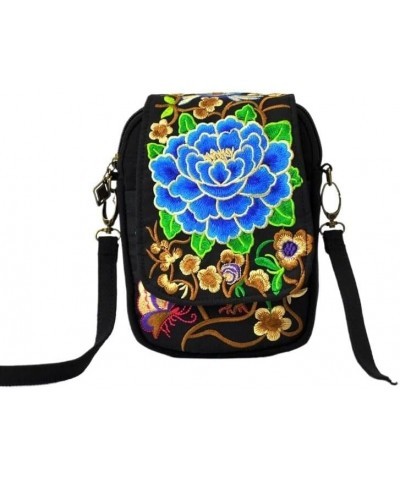 Women Shoulder Bag Travel Pouch Vintage Floral Embroidered Crossbody Zip Bag Embroidered Mobile Phone Bag Blue Peony $18.13 S...