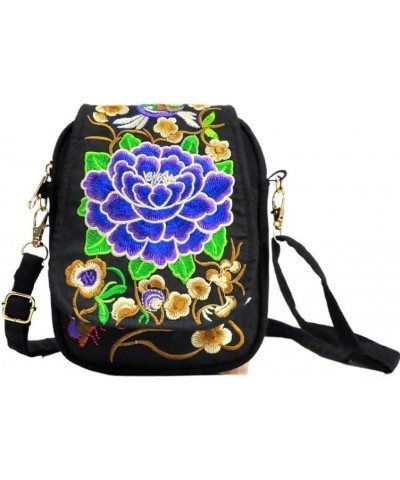 Women Shoulder Bag Travel Pouch Vintage Floral Embroidered Crossbody Zip Bag Embroidered Mobile Phone Bag Blue Peony $18.13 S...