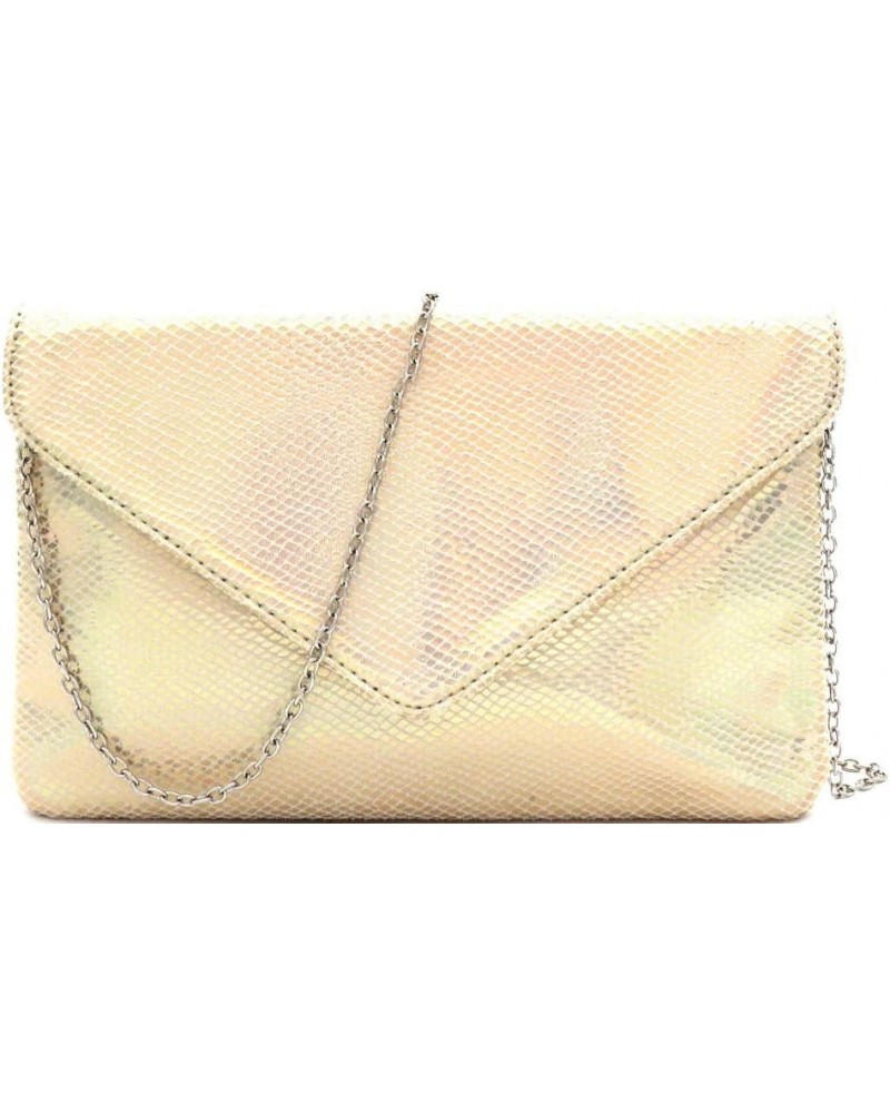 Snake Print Leather Envelope Clutch Purse with Crossbody Chain Strap Envelope Style [Regular] - Reflective Gold $17.08 Clutches