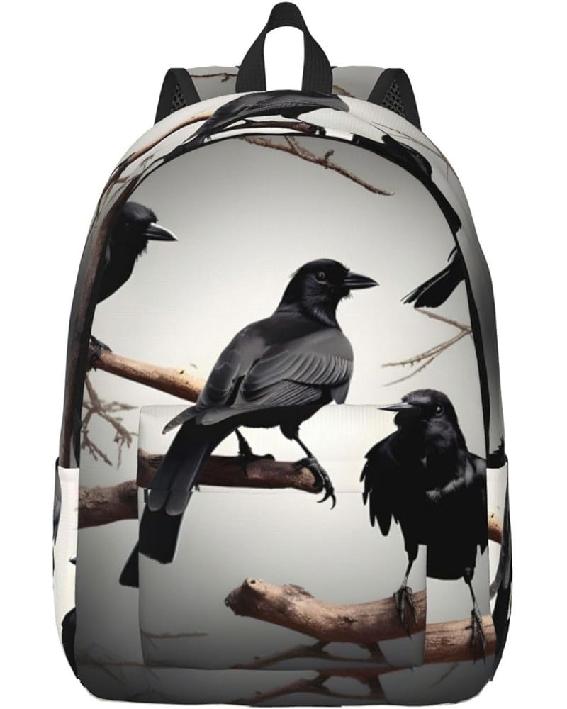 Black Crow Birds On A Branch Print Casual Double Shoulder Daypack,Anti-Theft Travel Canvas Backpack For Men And Women Black S...