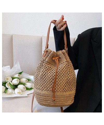 Straw Purse Crossbody Bucket Bags Woven Drawstring Shoulder Purses Straw Beach Bag for Women Khaki $14.40 Shoulder Bags