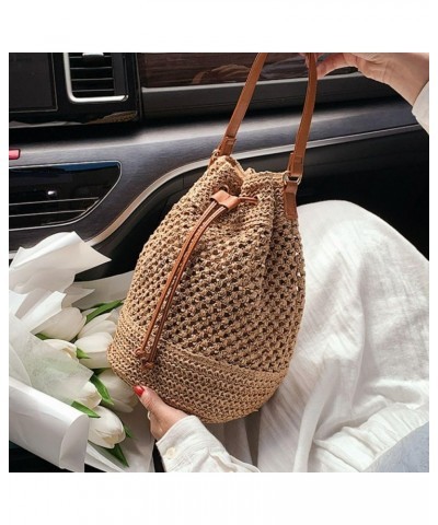 Straw Purse Crossbody Bucket Bags Woven Drawstring Shoulder Purses Straw Beach Bag for Women Khaki $14.40 Shoulder Bags