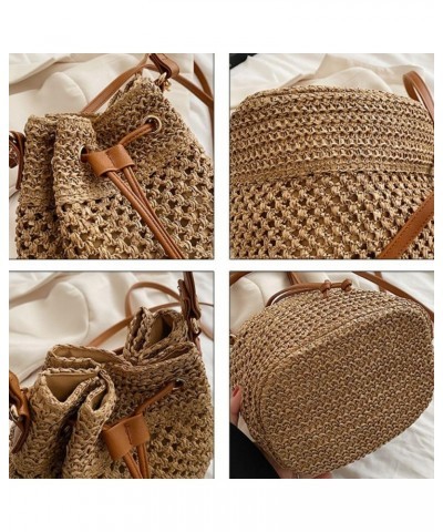 Straw Purse Crossbody Bucket Bags Woven Drawstring Shoulder Purses Straw Beach Bag for Women Khaki $14.40 Shoulder Bags