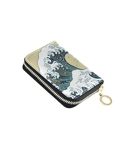 Japanese Great Waves Pink Background Credit Card Coin wallet, RFID Blocking Compact Women Leather Card Holder, Key Change Org...