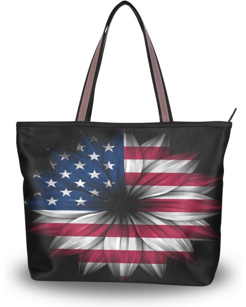 Woman Tote Bag Artistic American Flag Flower Shoulder Handbag for Work Travel Business Beach Shopping $15.65 Shoulder Bags