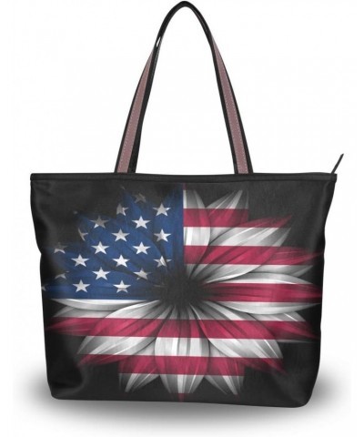 Woman Tote Bag Artistic American Flag Flower Shoulder Handbag for Work Travel Business Beach Shopping $15.65 Shoulder Bags