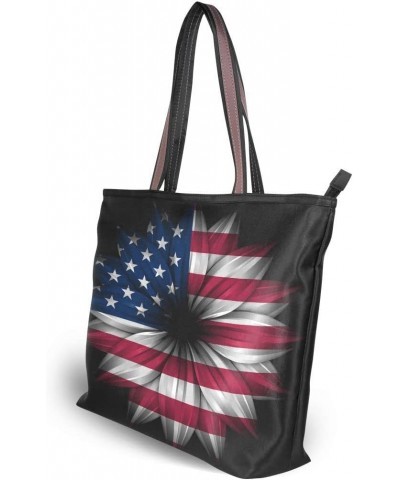 Woman Tote Bag Artistic American Flag Flower Shoulder Handbag for Work Travel Business Beach Shopping $15.65 Shoulder Bags