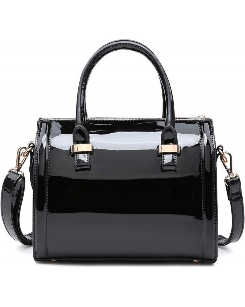 Shiny Patent Faux Leather Handbags Barrel Top Handle Purse Satchel Bag Shoulder Bag for Women 0black $25.42 Satchels