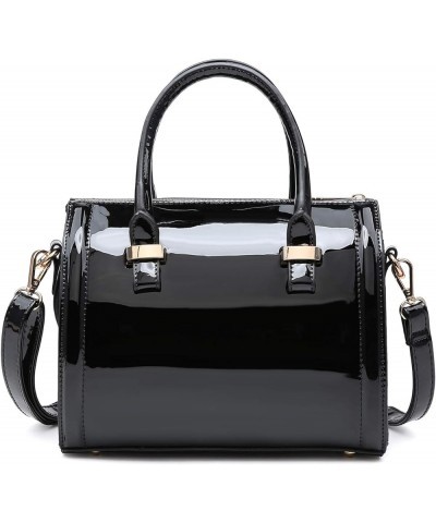 Shiny Patent Faux Leather Handbags Barrel Top Handle Purse Satchel Bag Shoulder Bag for Women 0black $25.42 Satchels