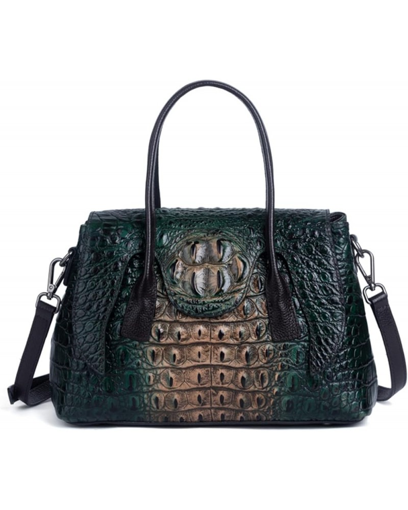 Women's Genuine Leather Top-Handle Handbag Retro Crocodile Print Large Capacity Satchel Ladies Adjustable Shoulder Bag Green ...