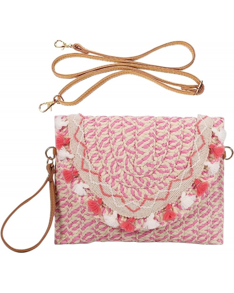 Straw Shoulder Bag Summer Beach Handmade Bag Straw Crossbody Bag Woven Envelope Wallet with Adjustable Strap 18-pink $10.99 C...