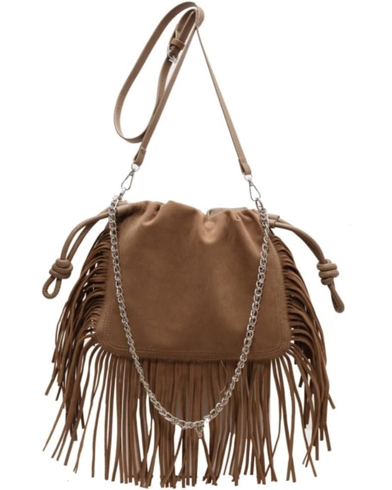 Women Drawstring Tassel Hobo Bag Fringe Hippie Crossbody Bag Faux Suede Shoulder Bag Hobo Messenger Bag Boho Purse Khaki $20....