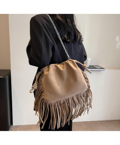 Women Drawstring Tassel Hobo Bag Fringe Hippie Crossbody Bag Faux Suede Shoulder Bag Hobo Messenger Bag Boho Purse Khaki $20....