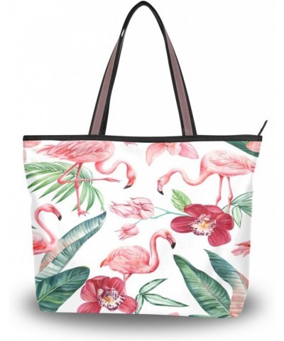 Womens Tote Bag, Flamingo Floral Tropical Palm Leaves Ladies Zip Shoulder Handbags $11.04 Shoulder Bags