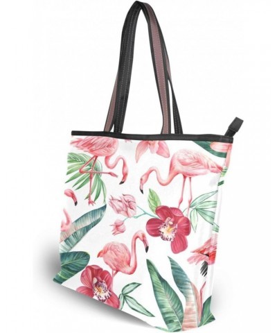 Womens Tote Bag, Flamingo Floral Tropical Palm Leaves Ladies Zip Shoulder Handbags $11.04 Shoulder Bags