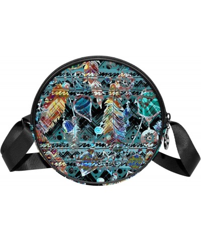 Round Crossbody Wallet, Circle Crossbody Purse Handbag, Seashell and Feather Pattern Colorful $9.23 Crossbody Bags