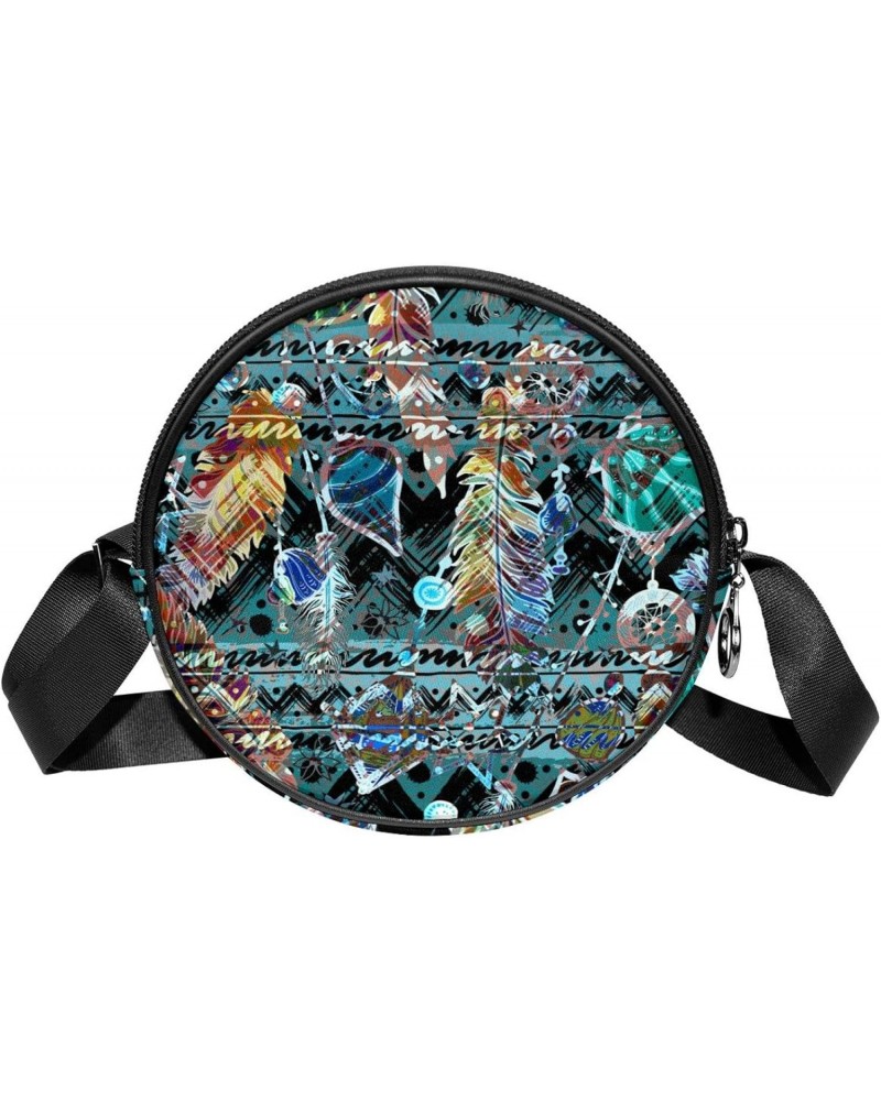 Round Crossbody Wallet, Circle Crossbody Purse Handbag, Seashell and Feather Pattern Colorful $9.23 Crossbody Bags