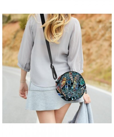 Round Crossbody Wallet, Circle Crossbody Purse Handbag, Seashell and Feather Pattern Colorful $9.23 Crossbody Bags