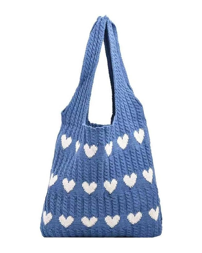 Crochet Tote Bag Cute Aesthetic Hobo Bag Hearts Pattern Knitted Shoulder Bag Hollow Beach Bag for Women A03-blue $22.86 Totes