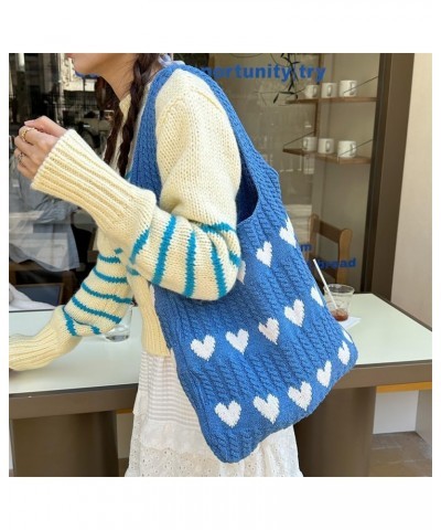 Crochet Tote Bag Cute Aesthetic Hobo Bag Hearts Pattern Knitted Shoulder Bag Hollow Beach Bag for Women A03-blue $22.86 Totes