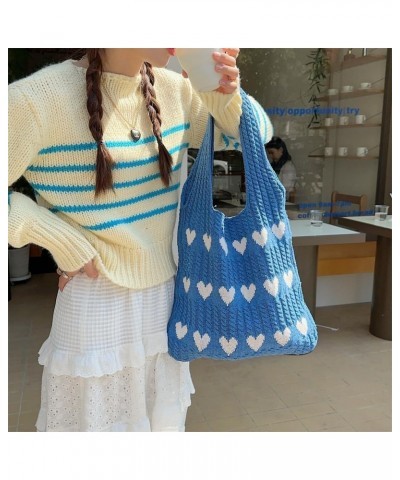 Crochet Tote Bag Cute Aesthetic Hobo Bag Hearts Pattern Knitted Shoulder Bag Hollow Beach Bag for Women A03-blue $22.86 Totes