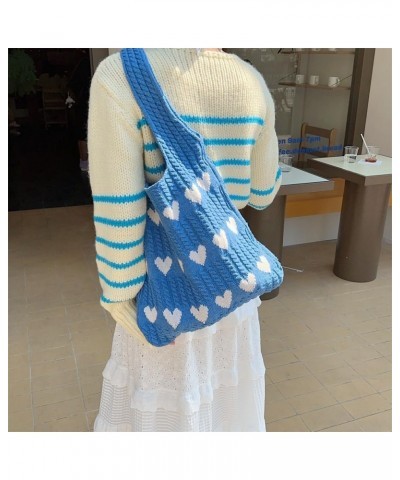 Crochet Tote Bag Cute Aesthetic Hobo Bag Hearts Pattern Knitted Shoulder Bag Hollow Beach Bag for Women A03-blue $22.86 Totes