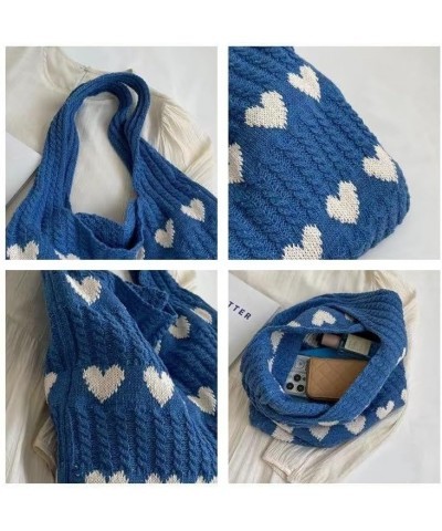 Crochet Tote Bag Cute Aesthetic Hobo Bag Hearts Pattern Knitted Shoulder Bag Hollow Beach Bag for Women A03-blue $22.86 Totes