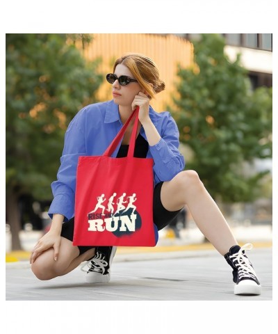 Gift for Runners Rise and Run Design with Silhouettes and Circular Shape in Color Navy Black Multicolor Canvas Tote Bag $14.6...