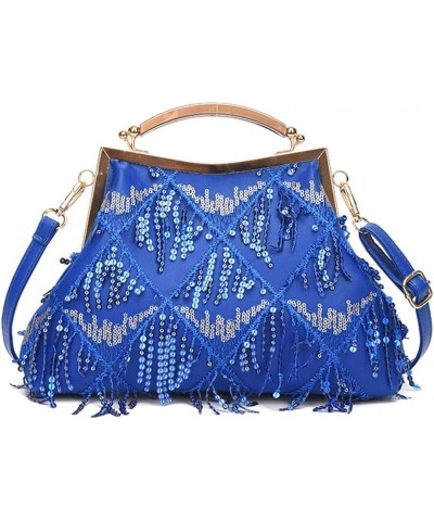 Women Evening Bag Kiss Lock Purse Sequin Tassel Handbags Shoulder Crossbody Bags Clutch Lady Wedding Party Satchel Blue $35.4...