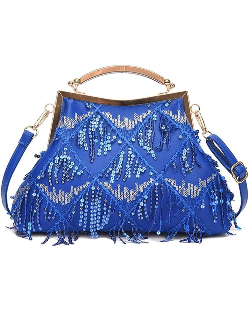 Women Evening Bag Kiss Lock Purse Sequin Tassel Handbags Shoulder Crossbody Bags Clutch Lady Wedding Party Satchel Blue $35.4...