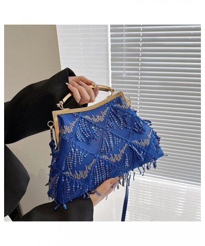 Women Evening Bag Kiss Lock Purse Sequin Tassel Handbags Shoulder Crossbody Bags Clutch Lady Wedding Party Satchel Blue $35.4...