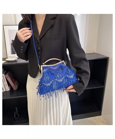 Women Evening Bag Kiss Lock Purse Sequin Tassel Handbags Shoulder Crossbody Bags Clutch Lady Wedding Party Satchel Blue $35.4...