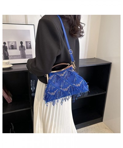 Women Evening Bag Kiss Lock Purse Sequin Tassel Handbags Shoulder Crossbody Bags Clutch Lady Wedding Party Satchel Blue $35.4...