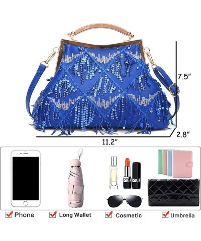 Women Evening Bag Kiss Lock Purse Sequin Tassel Handbags Shoulder Crossbody Bags Clutch Lady Wedding Party Satchel Blue $35.4...