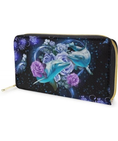 Chicken Floral Printed Women Wallet PU Leather Zip Around Long Clutch Large Capacity Mezzanine Card Slots Phone Purse Dolphin...