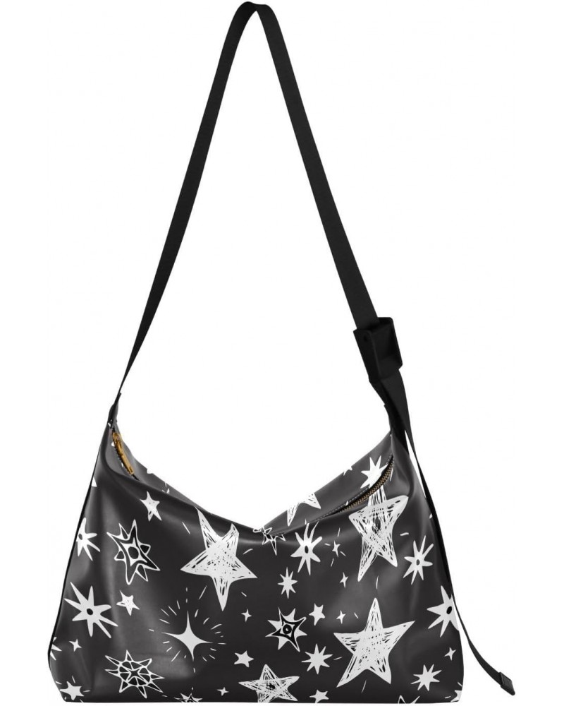 Hand-drawn White Stars Hobo Crossbody Bags for Women Leather Large Shoulder Bag Cross Body Trendy Womens Tote Bags Handbag fo...