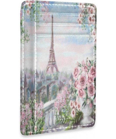 Paris Eiffel Tower With Spring Flowers Rose And Leaves Slim Minimalist Wallets Rfid Blocking Card Wallets PU Leather Front Po...