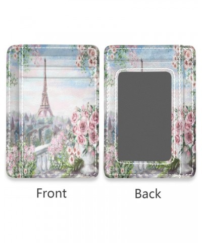 Paris Eiffel Tower With Spring Flowers Rose And Leaves Slim Minimalist Wallets Rfid Blocking Card Wallets PU Leather Front Po...