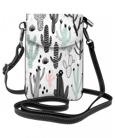 Black And White Cacti Cell Phone Purse Leather Shoulder Bag Mini Phone Pouch Crossbody Bag For Women $22.74 Crossbody Bags