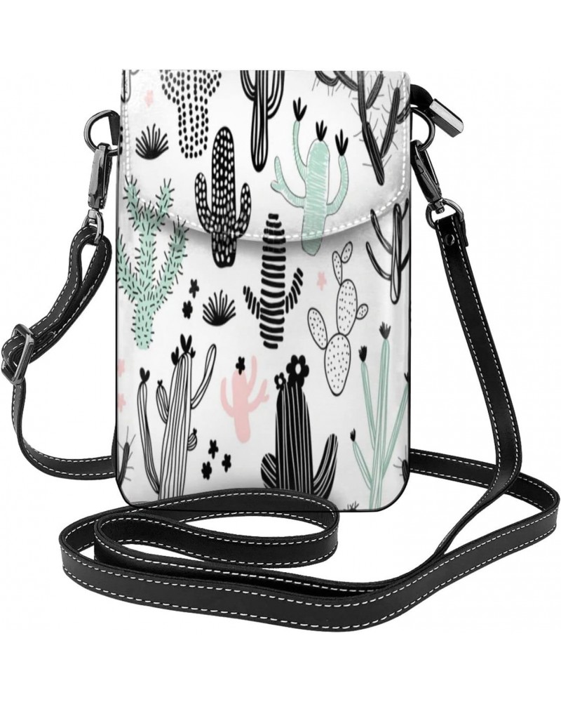 Black And White Cacti Cell Phone Purse Leather Shoulder Bag Mini Phone Pouch Crossbody Bag For Women $22.74 Crossbody Bags