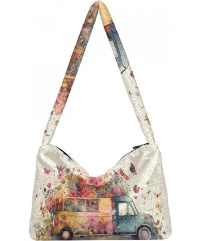 Spring Print Daisy Flower Retro Bus Women Shoulder Bag Tote, Hobo Tote Bag, Autumn Handbags Colorful Flowers Butterfly Spring...