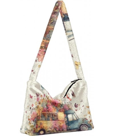 Spring Print Daisy Flower Retro Bus Women Shoulder Bag Tote, Hobo Tote Bag, Autumn Handbags Colorful Flowers Butterfly Spring...