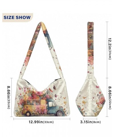 Spring Print Daisy Flower Retro Bus Women Shoulder Bag Tote, Hobo Tote Bag, Autumn Handbags Colorful Flowers Butterfly Spring...