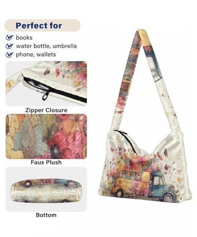 Spring Print Daisy Flower Retro Bus Women Shoulder Bag Tote, Hobo Tote Bag, Autumn Handbags Colorful Flowers Butterfly Spring...