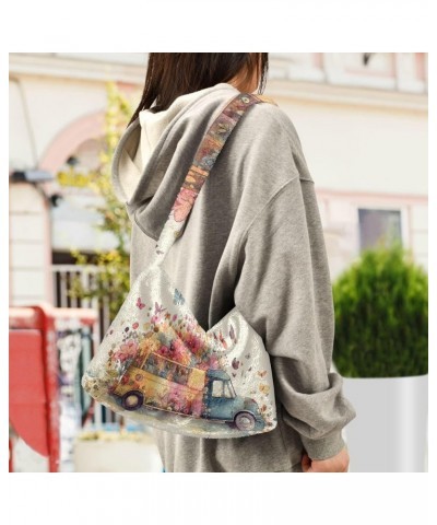 Spring Print Daisy Flower Retro Bus Women Shoulder Bag Tote, Hobo Tote Bag, Autumn Handbags Colorful Flowers Butterfly Spring...