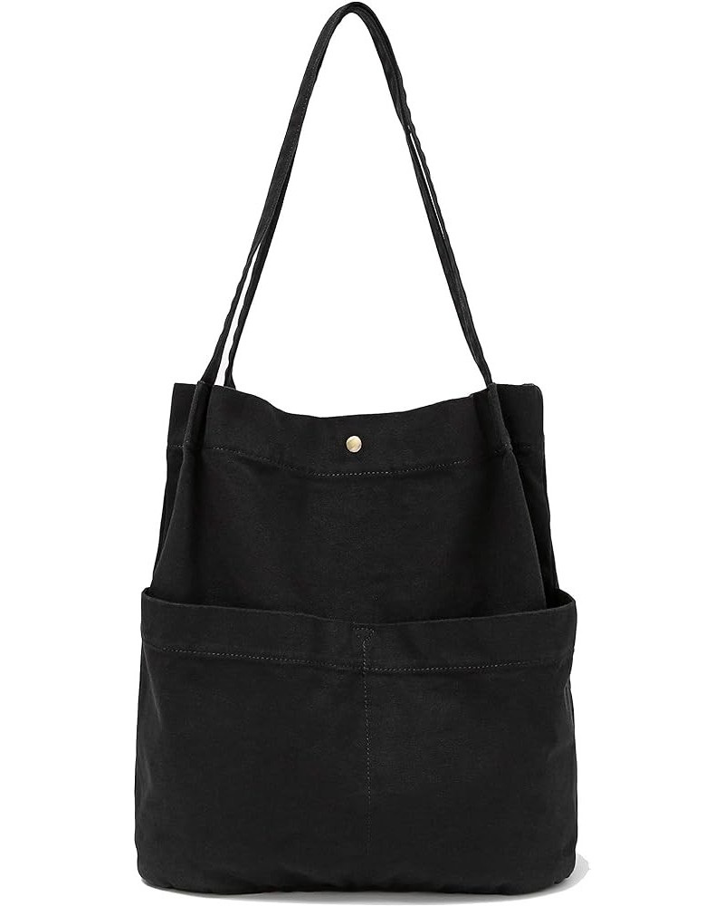 Canvas Tote Handbag Shoulder Bucket Bag Purses For Men & Women With Pockets Black Bucket $13.49 Totes