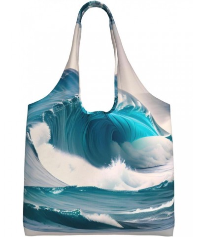 Cartoon Blue Sea Wave Extra Large Capacity Shoulder Canvas Bag For Shopping Travel Daily Use $15.40 Totes