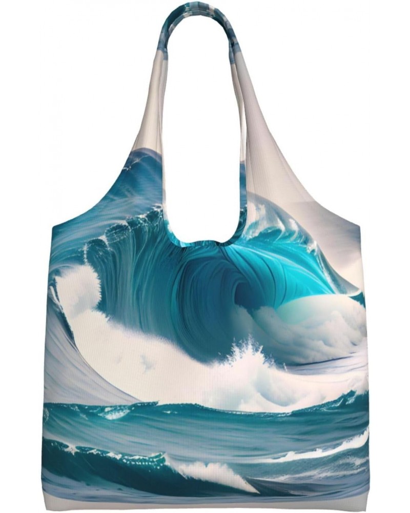 Cartoon Blue Sea Wave Extra Large Capacity Shoulder Canvas Bag For Shopping Travel Daily Use $15.40 Totes