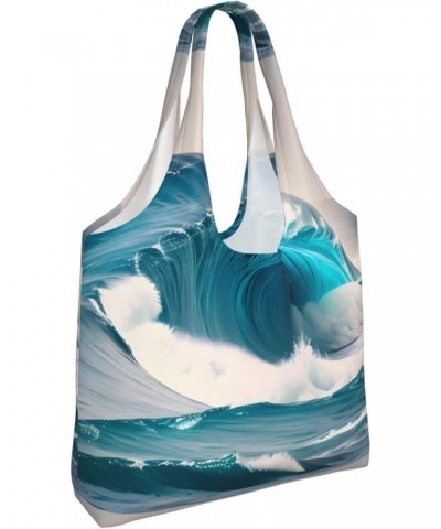 Cartoon Blue Sea Wave Extra Large Capacity Shoulder Canvas Bag For Shopping Travel Daily Use $15.40 Totes