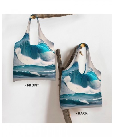 Cartoon Blue Sea Wave Extra Large Capacity Shoulder Canvas Bag For Shopping Travel Daily Use $15.40 Totes